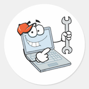dwaas computerreparatie cartoon laptop met sleutel ronde sticker