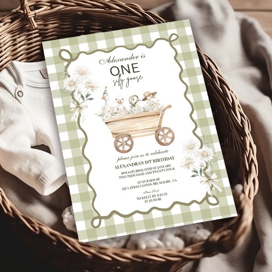 Dwaas Gans 1e Verjaardag Groen Gingham Kaart
