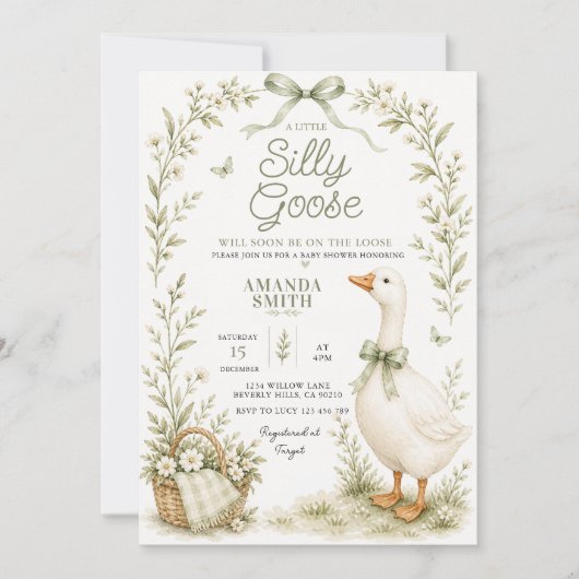 Dwaas Gans Babyshower Uitnodiging Saliegroen (Voorkant)