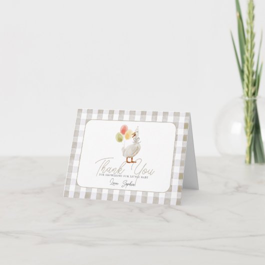 Dwaas Gans Beige Gingham Baby Shower Bedankkaart (Voorkant)
