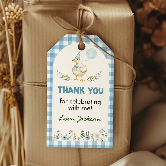 Dwaas Gans Blauw Bloemendankje Verjaardag Cadeaulabel