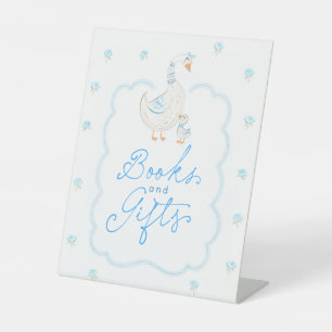 Dwaas Gans Blauw Bloemig Baby Shower Boeken & Cade Reclamebord Met Voetstuk