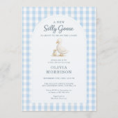 Dwaas Gans Blauw Gingham Baby Shower Kaart (Voorkant)