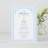 Dwaas Gans Blauw Gingham Baby Shower Kaart (Staand voorkant)