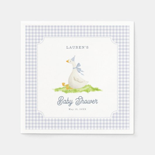Dwaas Gans Blauw Gingham Baby Shower Servetten (Voorkant)