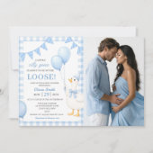 Dwaas Gans Blauw Gingham Baby Shower Uitnodiging (Voorkant)