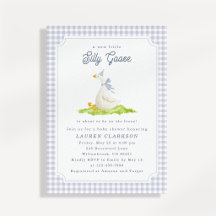 Dwaas Gans Blauw Gingham Baby Shower Uitnodiging