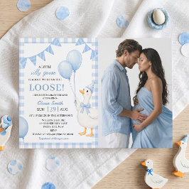 Dwaas Gans Blauw Gingham Baby Shower Uitnodiging