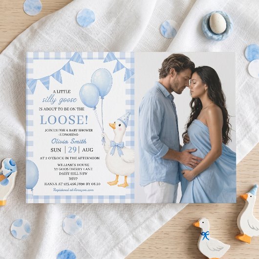 Dwaas Gans Blauw Gingham Baby Shower Uitnodiging