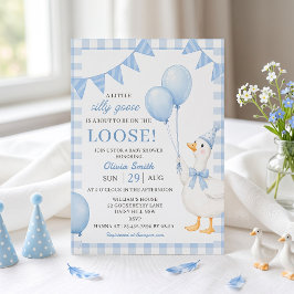 Dwaas Gans Blauw Gingham Baby Shower Uitnodiging