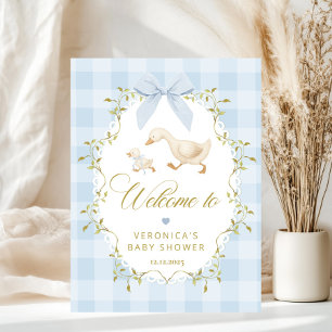 Dwaas Gans Blauw Gingham Baby Shower Welkom Poster