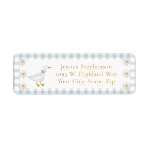 Dwaas Gans Blauw Gingham Cottage Baby Shower Etiket