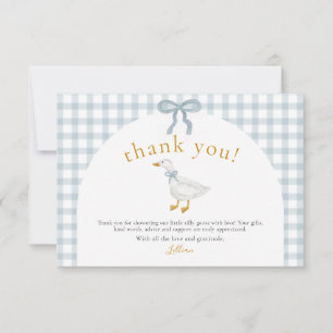Dwaas Gans Blauw Gingham Cottagecore Baby Shower Bedankkaart