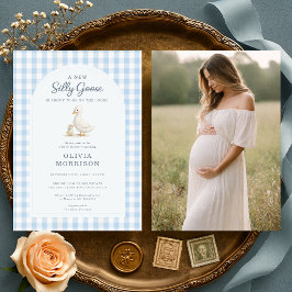 Dwaas Gans Blauw Gingham Foto Baby Shower Kaart