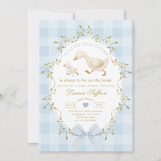 Dwaas Gans Blauw Gingham Jongens Babyfeest Kaart (Voorkant)