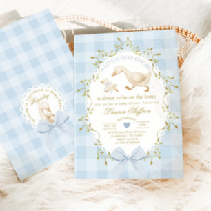 Dwaas Gans Blauw Gingham Jongens Babyfeest Kaart