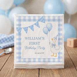 Dwaas Gans Blauw Gingham Jongens Verjaardag Servet