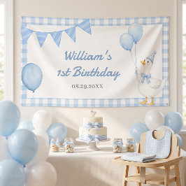 Dwaas Gans Blauw Gingham Jongens Verjaardag Spandoek