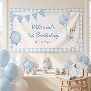 Dwaas Gans Blauw Gingham Jongens Verjaardag Spandoek