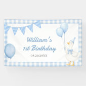 Dwaas Gans Blauw Gingham Jongens Verjaardag Spandoek (Horizontaal)