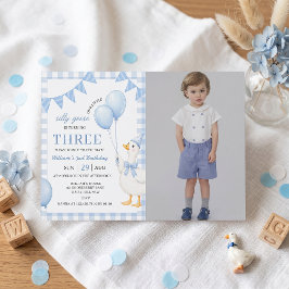 Dwaas Gans Blauw Gingham Jongens Verjaardagsuitnod Kaart