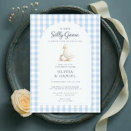 Dwaas Gans Blauw Gingham Koppel Baby Shower Kaart