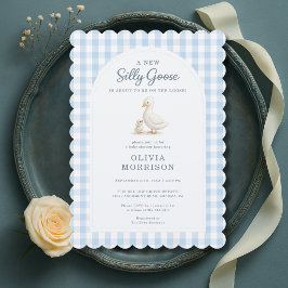 Dwaas Gans Blauw Gingham Streep Babyshower Kaart