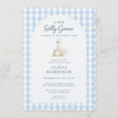 Dwaas Gans Blauw Gingham Streep Babyshower Kaart (Voorkant)