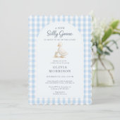 Dwaas Gans Blauw Gingham Streep Babyshower Kaart (Staand voorkant)