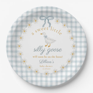 Dwaas Gans Blauw Lint Geruite Baby Shower Papieren Bordje