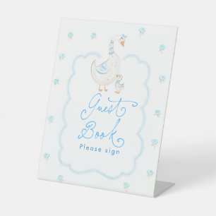 Dwaas Gans Blauwe Bloemige Baby Shower Gastboek Reclamebord Met Voetstuk