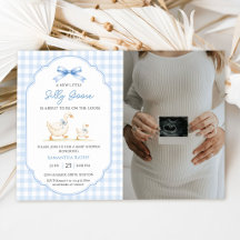 Dwaas Gans Blauwe Gingham Eend Baby Shower Foto