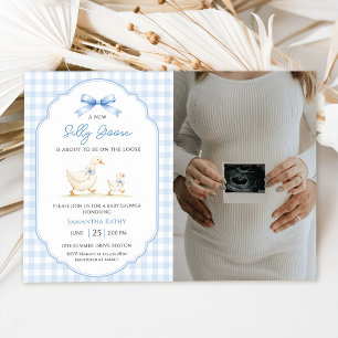 Dwaas Gans Blauwe Gingham Eend Baby Shower Foto Kaart