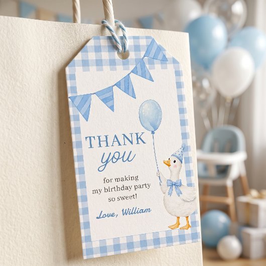 Dwaas Gans Blauwe Gingham Jongens Verjaardag Cadea Cadeaulabel