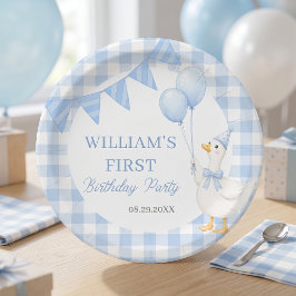 Dwaas Gans Blauwe Gingham Jongens Verjaardag Papie Papieren Bordje