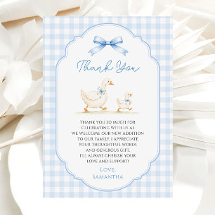 Dwaas Gans Blauwe Gingham Strik Eend Jongen Baby S Bedankkaart