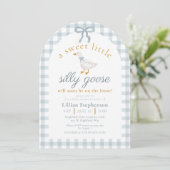 Dwaas Gans Blauwe Strik Eend Gingham Baby Shower B Kaart (Staand voorkant)