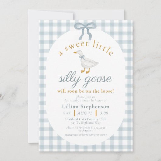 Dwaas Gans Blauwe Strik Eend Gingham Baby Shower Kaart (Voorkant)