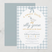 Dwaas Gans Blauwe Strik Eend Gingham Baby Shower Kaart (Voorkant / Achterkant)