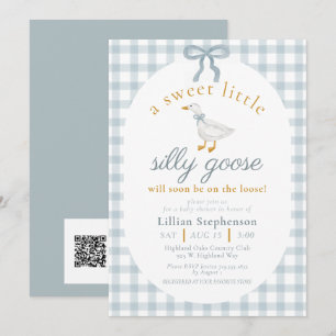 Dwaas Gans Blauwe Strik Gingham Baby Shower QR Cod Kaart