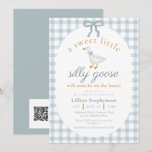 Dwaas Gans Blauwe Strik Gingham Baby Shower QR Cod Kaart (Voorkant / Achterkant)