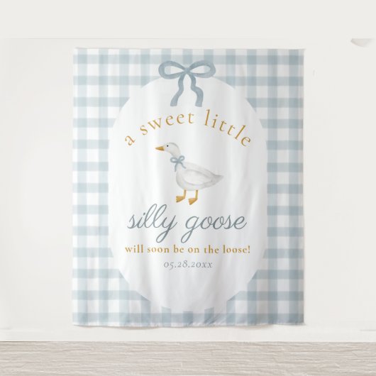 Dwaas Gans Eend Blauw Gingham Baby Shower Achtergr Wandkleed (Voorkant)