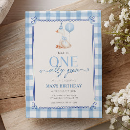 Dwaas Gans Eerste Verjaardag Blauwe Gingham Jongen Kaart