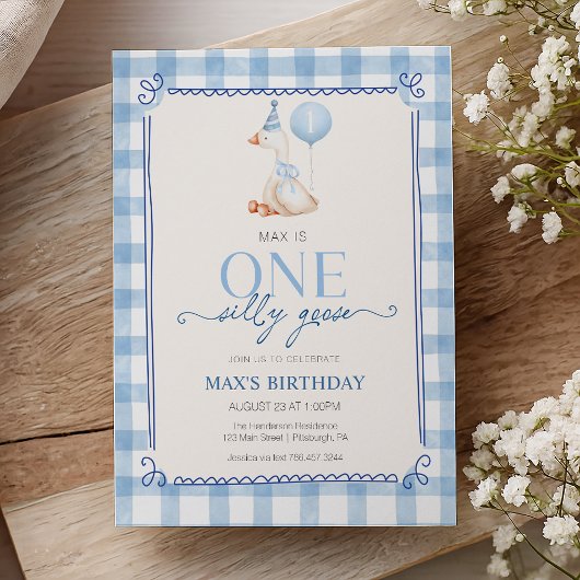 Dwaas Gans Eerste Verjaardag Blauwe Gingham Jongen Kaart