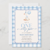 Dwaas Gans Eerste Verjaardag Blauwe Gingham Jongen Kaart (Voorkant)
