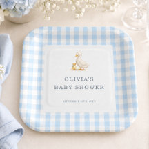 Dwaas Gans Geruite Blauwe Jongens Baby Shower Fees