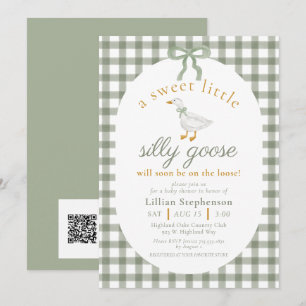 Dwaas Gans Groen Gingham Baby Shower QR Code Kaart