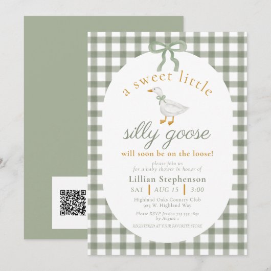 Dwaas Gans Groen Gingham Baby Shower QR Code Kaart (Voorkant / Achterkant)