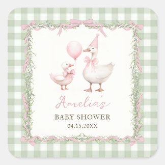 Dwaas Gans Groene Gingham Baby Shower Sticker