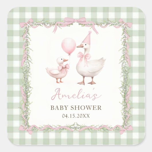 Dwaas Gans Groene Gingham Baby Shower Sticker (Voorkant)